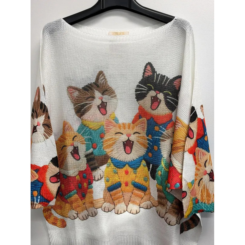 L27 3Q Loowie Playful Cats Printed Knit Sweater | Round Neck | One Size S-L